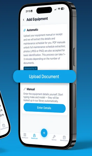 Skipper360 Add Equipment screen offering Atlas-assisted setup from uploaded documents or web search