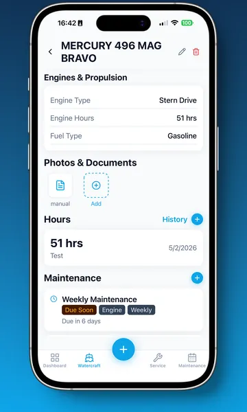 Skipper360 equipment detail screen for an engine, showing specifications, attached documents, logged hours, and upcoming maintenance