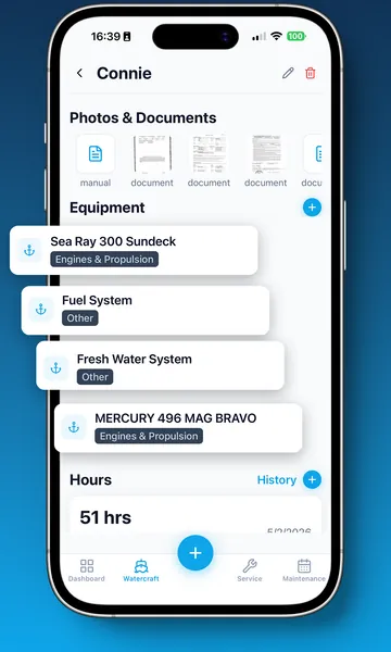 Skipper360 watercraft screen showing attached documents, an equipment list grouped by category, and logged engine hours