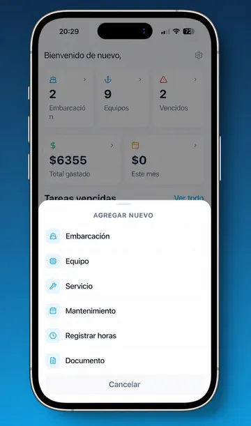 Pantalla de embarcación de Skipper360 con los documentos adjuntos, la lista de equipos por categoría y las horas de motor registradas