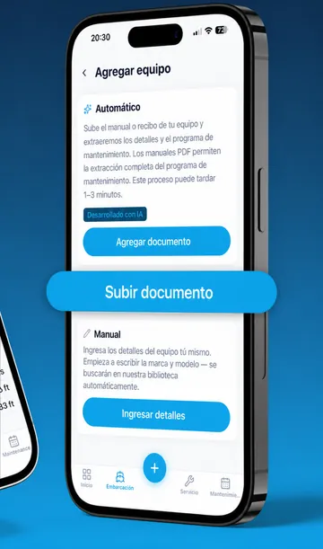 Pantalla de Skipper360 para añadir equipo con configuración asistida por Atlas desde documentos subidos o búsqueda web