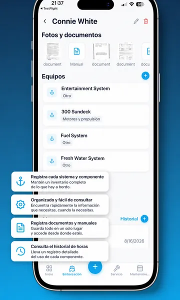 Pantalla de embarcación de Skipper360 con los documentos adjuntos, la lista de equipos por categoría y las horas de motor registradas