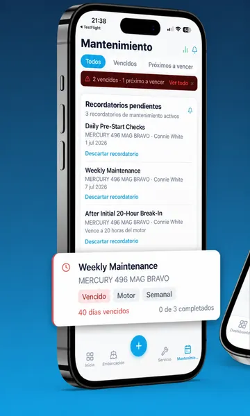 Lista de mantenimiento de Skipper360 filtrada por estado, con tareas vencidas y próximas a vencer, sus intervalos y el progreso de la lista de verificación