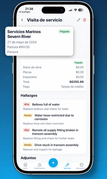 Registro de servicio de Skipper360 con el taller, el número de factura, los datos de contacto y los trabajos desglosados con sus importes