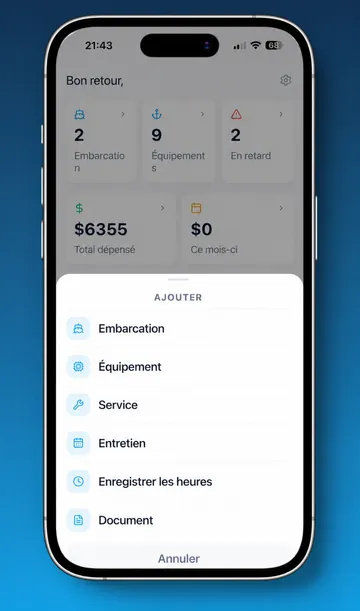 Écran embarcation de Skipper360 avec les documents joints, la liste des équipements par catégorie et les heures moteur enregistrées