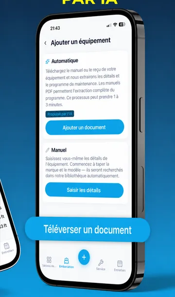 Écran d'ajout d'équipement Skipper360 proposant une configuration assistée par Atlas depuis des documents téléversés ou une recherche web
