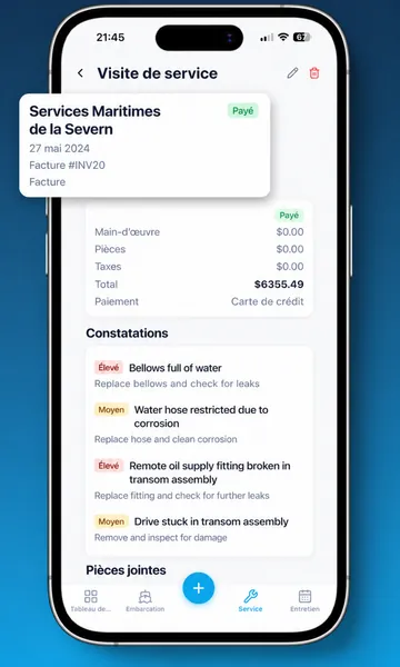 Fiche de service Skipper360 avec l'atelier, le numéro de facture, les coordonnées et le détail des prestations avec leurs montants