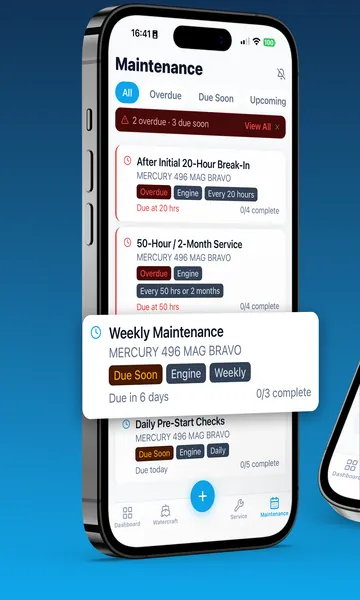Skipper360 maintenance list filtered by status, showing overdue and due-soon tasks with their intervals and checklist progress