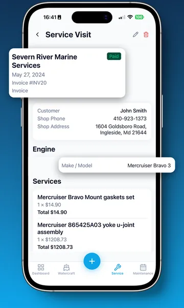Skipper360 service visit record showing the provider, invoice number, contact details, and itemised services with costs